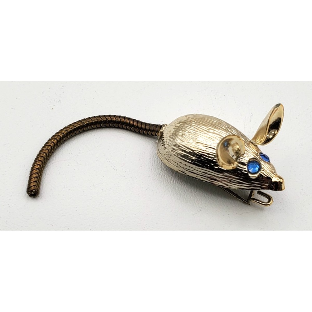 Vintage Mouse Brooch‎ w Swinging Tail Gold Tone Blue Eyes